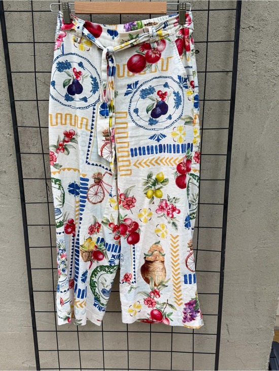 Rachel Zoe Pants - RACHEL ZOE • wide leg linen Multi Floral Fruit Pattern pants